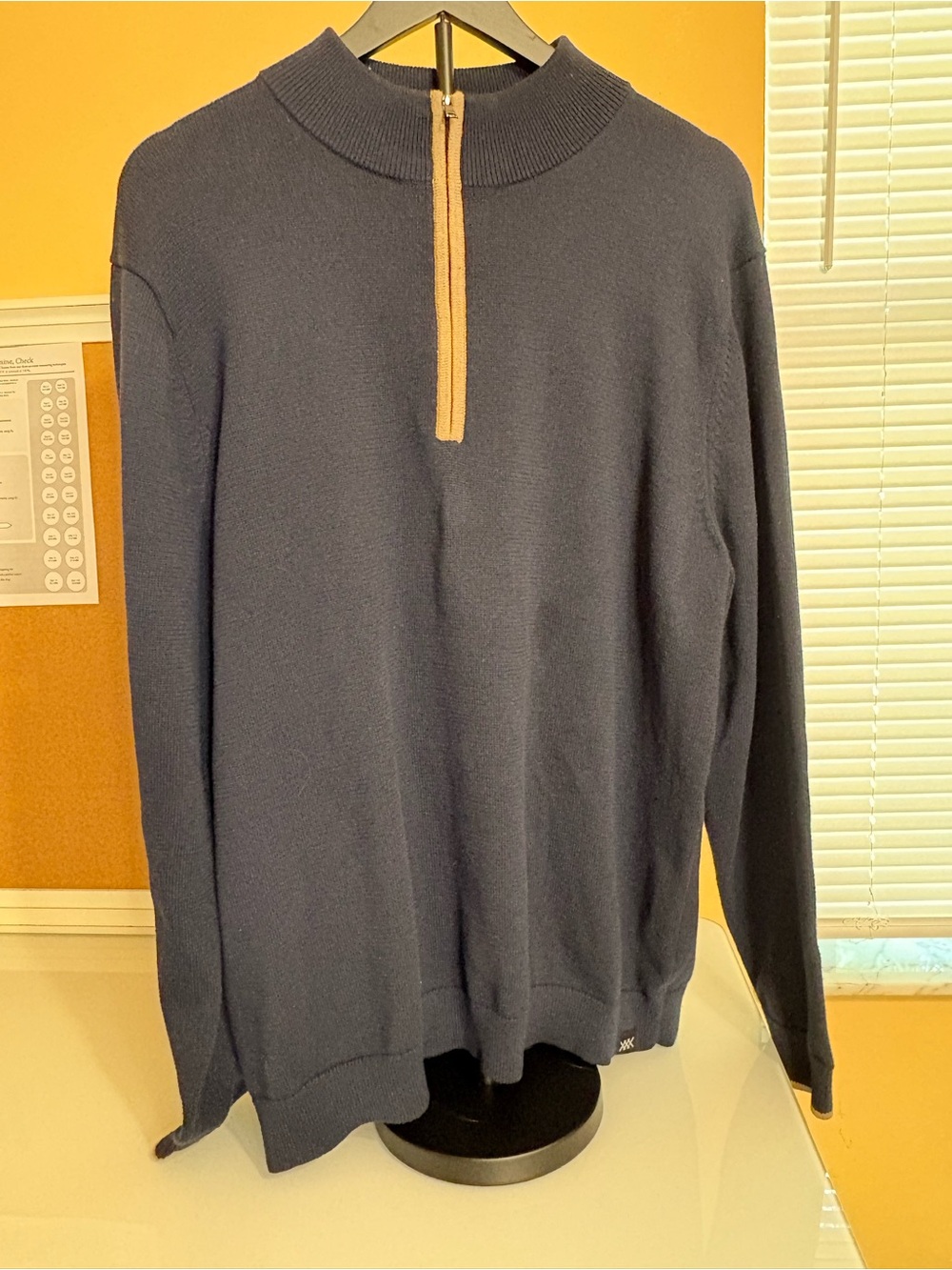RHONE Navy Quarter Zip Sweater with Tan Zip Placket